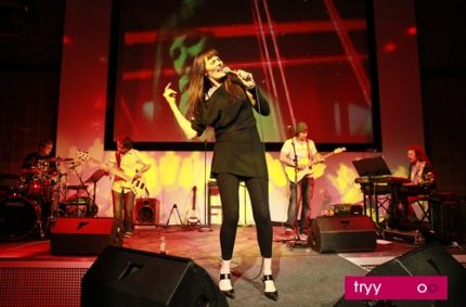 Pamela Falcon & band onstage at Rudas Studios for 12 Points 6 Days